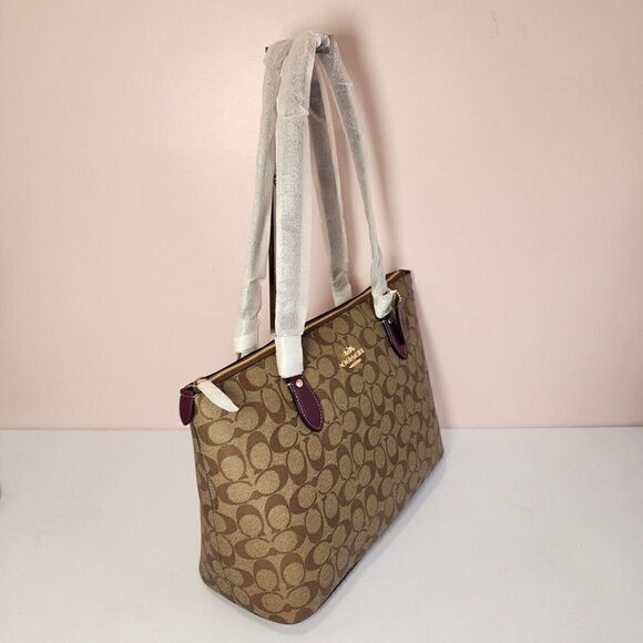 NWT COACH CH504 Gallery Tote in Signature Canvas & Leather Khaki Deep Berry - Picture 2 of 6